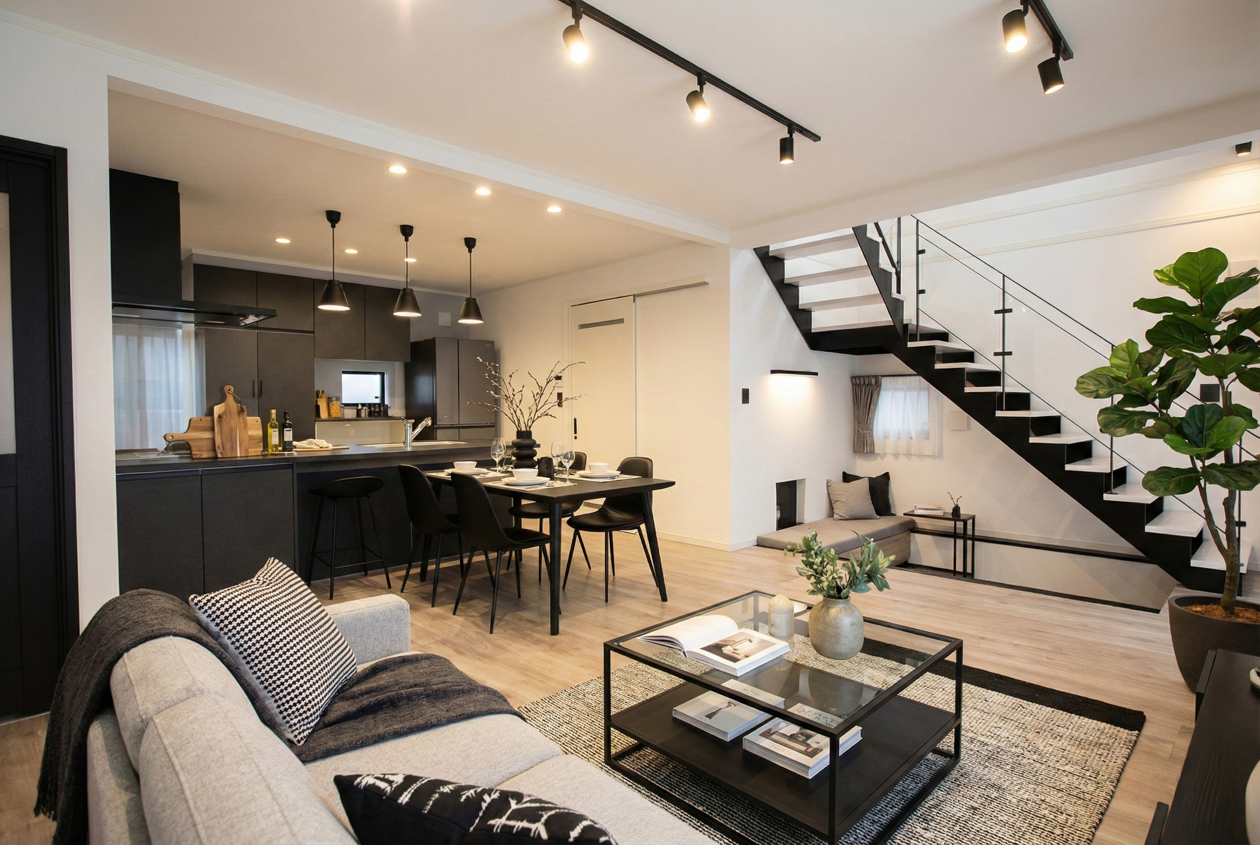 アイアンのリビング階段が映える家